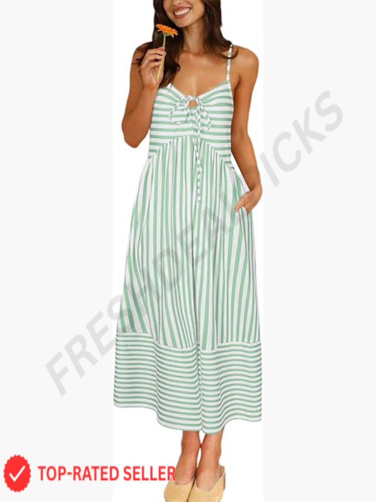 Maxi Sundress Summer Boho Striped Spaghetti Strap Back Tie Pockets